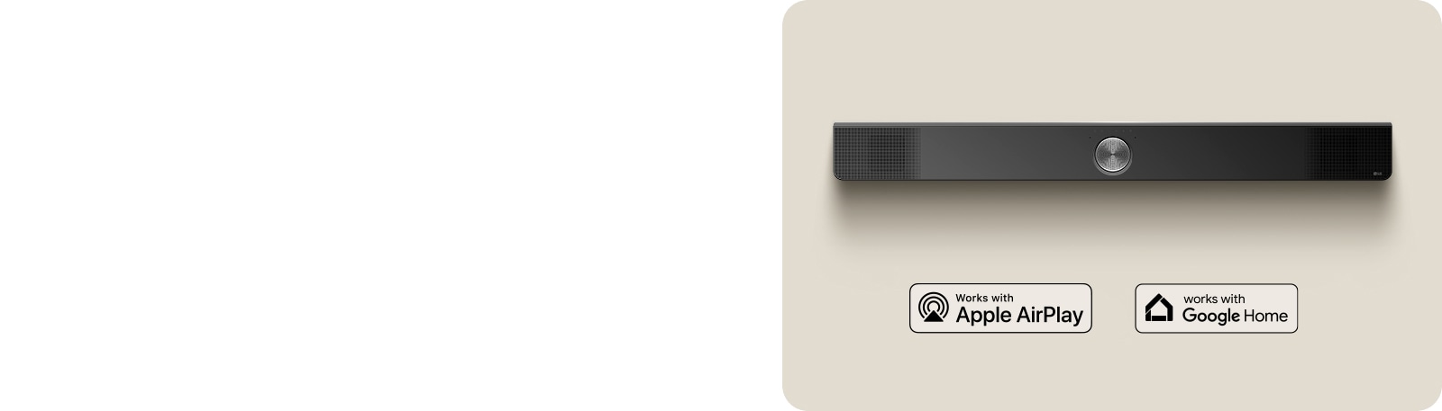 Slika LG Soundbar zvučnika odozgo. Apple AirPlay logo Amazon Alexa logo Google Home logo