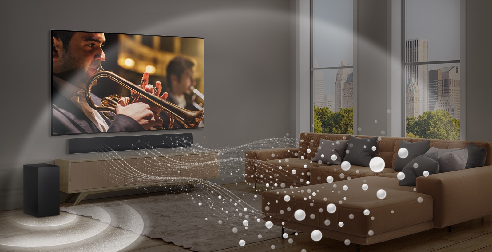 LG Soundbar zvučnik, LG TV i niskotonac u moderno uređenom gradskom stanu. LG Soundbar zvučnik emituje zvučne talase sačinjene od belih kapljica koje ispunjavaju prostoriju, dok niskotonac pravi zvučni efekat sa donje strane. Zajedno stvaraju efekat kupole u prostoriji.
