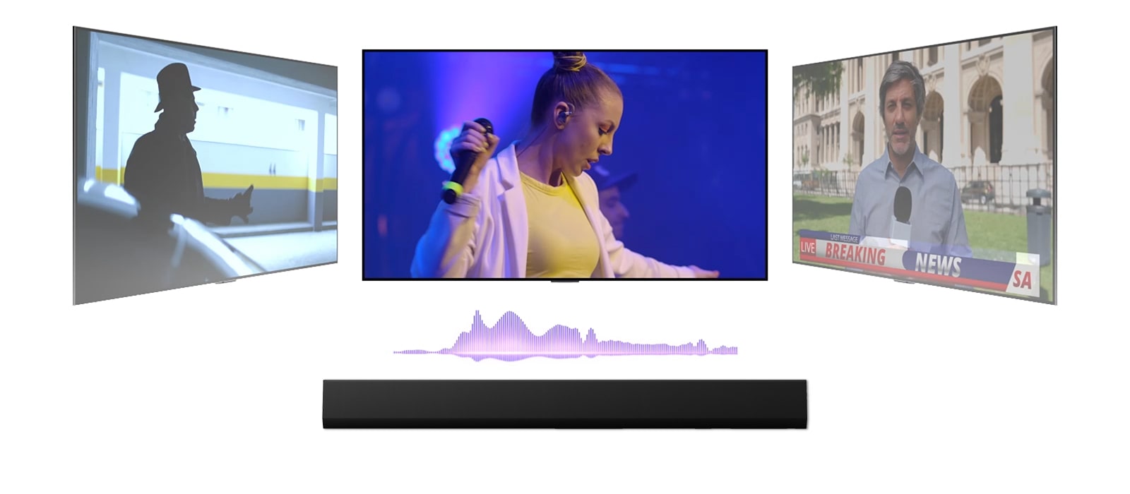 LG Soundbar zvučnik prikazuje tri različita TV ekrana. Na onom direktno iznad prvo se prikazuje muzički koncert na kojem peva ženska osoba. TV ekran sa vestima se premešta u sredinu i počinje da emituje sadržaj. Zatim se TV ekran na kojem se prikazuje akciona scena sa ženom koja trči uz stepenice premešta u sredinu i počinje da emituje sadržaj. Između TV-a i soundbar zvučnika je zvučni talas koji promeni boju kad god se promeni TV ekran, u skladu sa žanrom. 