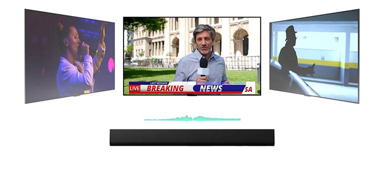 LG Soundbar sa tri različita TV ekrana iznad. TV direktno iznad prikazuje voditelja vesti koji prezentuje udarne vesti ispred ukrašene zgrade. TV sa desne strane prikazuje fotografiju iz akcionog filma sa muškarcem u senci. TV sa leve strane prikazuje koncert sa pevačicom. Između TV-a i soundbar zvučnika nalazi se svetlozeleni dijagram zvučnog talasa.