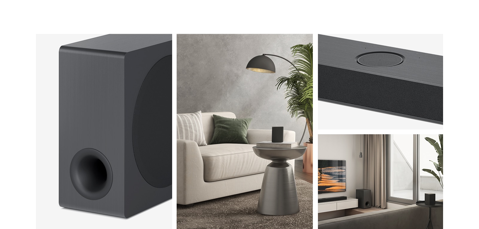 Kolaž. Sa leve strane, slika woofer-a, zadnji zvučnik je postavljen na stočić u dnevnoj sobi. Na desnoj strani, odozgo nadole: prikaz izbliza centralnog kanala sa reprodukcijom nagore. LG Soundbar komplet i LG televizor postavljeni su u dnevnoj prostoriji. TV ekran prikazuje plažu tokom zalaska sunca.