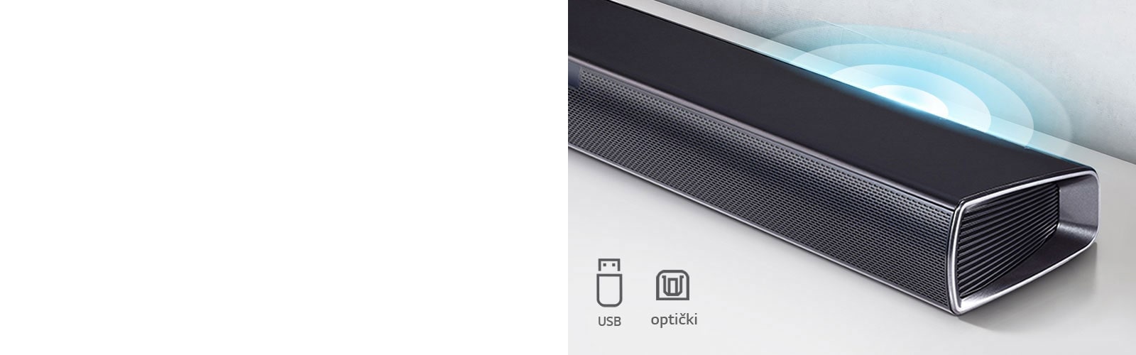 LG Soundbar zvučnik nalazi se na beloj polici. Grafika zvuka se pojavljuje iz zvučnika. Prikazuje ikonice USB, Optički.