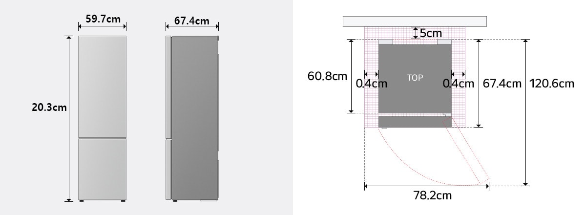 Dimenzije LG frižidera sa donjim zamrzivačem u prednjem i bočnom pogledu: visina, širina, dubina.