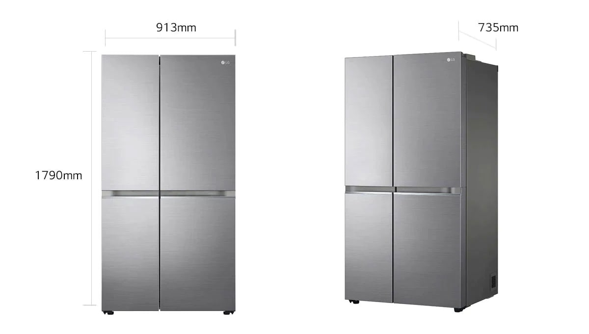 "Postoje dve slike frižidera jedna pored druge. 
Na prvoj slici prikazan je prednji izgled proizvoda sa dimenzijama: širina 913 mm i visina 1790 mm. Druga slika prikazuje bočni pogled na proizvod sa podacima o veličini: dubina 735 mm"
