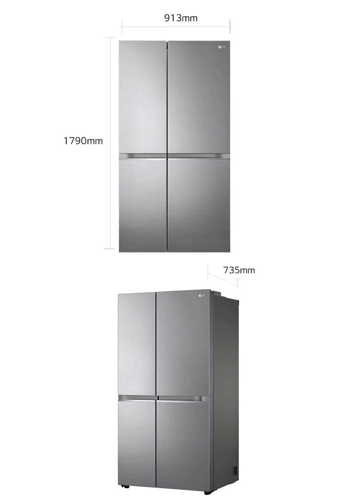 "Postoje dve slike frižidera jedna pored druge. 
Na prvoj slici prikazan je prednji izgled proizvoda sa dimenzijama: širina 913 mm i visina 1790 mm. Druga slika prikazuje bočni pogled na proizvod sa podacima o veličini: dubina 735 mm"
