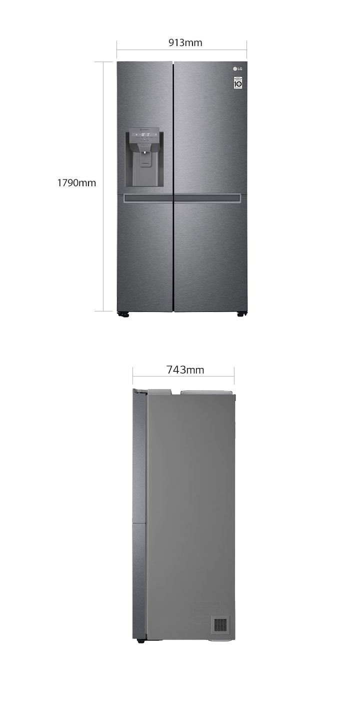 "Postoje dve slike frižidera jedna pored druge. 
Na prvoj slici prikazan je prednji izgled proizvoda sa dimenzijama: širina 913 mm i visina 1790 mm. Druga slika prikazuje bočni pogled na proizvod sa podacima o veličini: dubina 743 mm"
