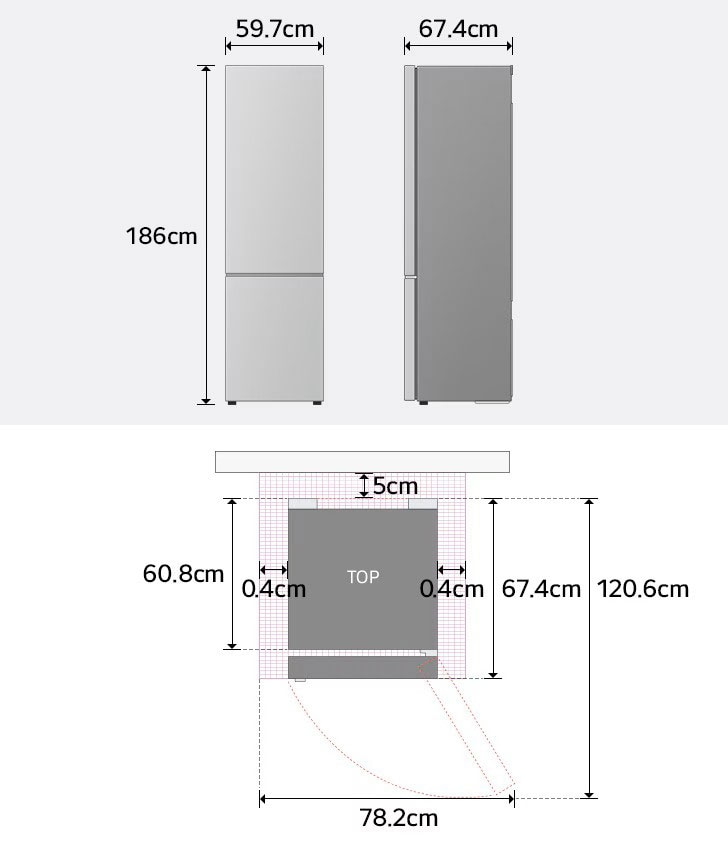 Dimenzije LG frižidera sa donjim zamrzivačem u prednjem i bočnom pogledu: visina, širina, dubina.