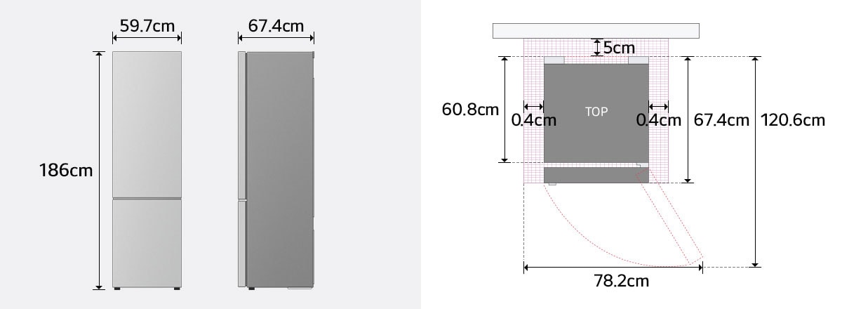 Dimenzije LG frižidera sa donjim zamrzivačem u prednjem i bočnom pogledu: visina, širina, dubina.