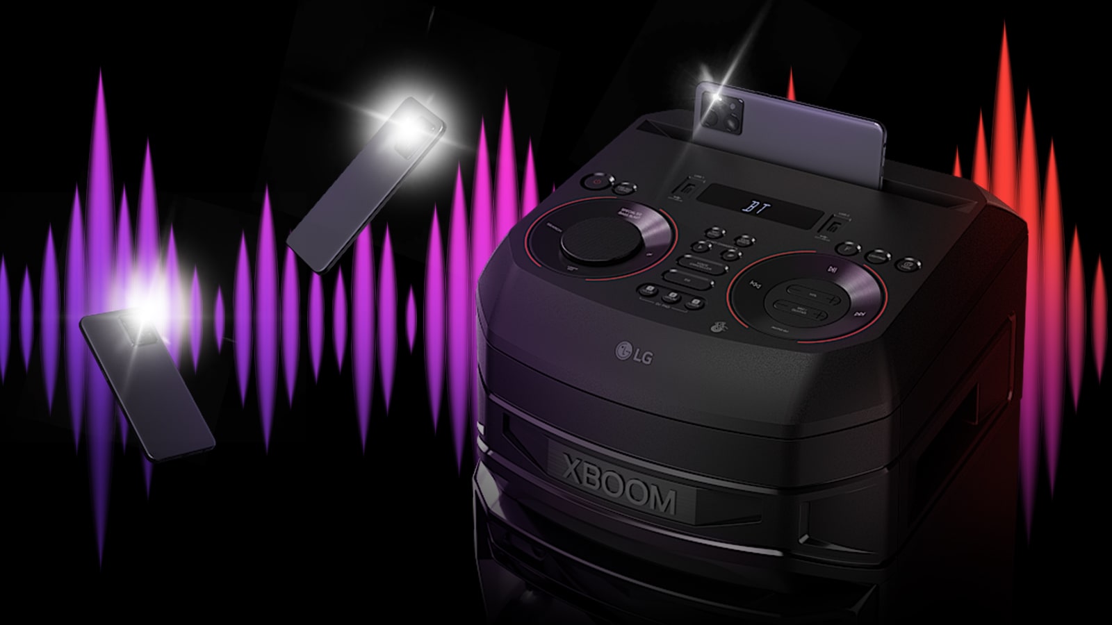 Prikaz gornje površine LG RNC5 izbliza. Dva pametna telefona koja trepere okružuju ga u vazduhu. Iza zvučnika je šarenoliki ekvilajzer.