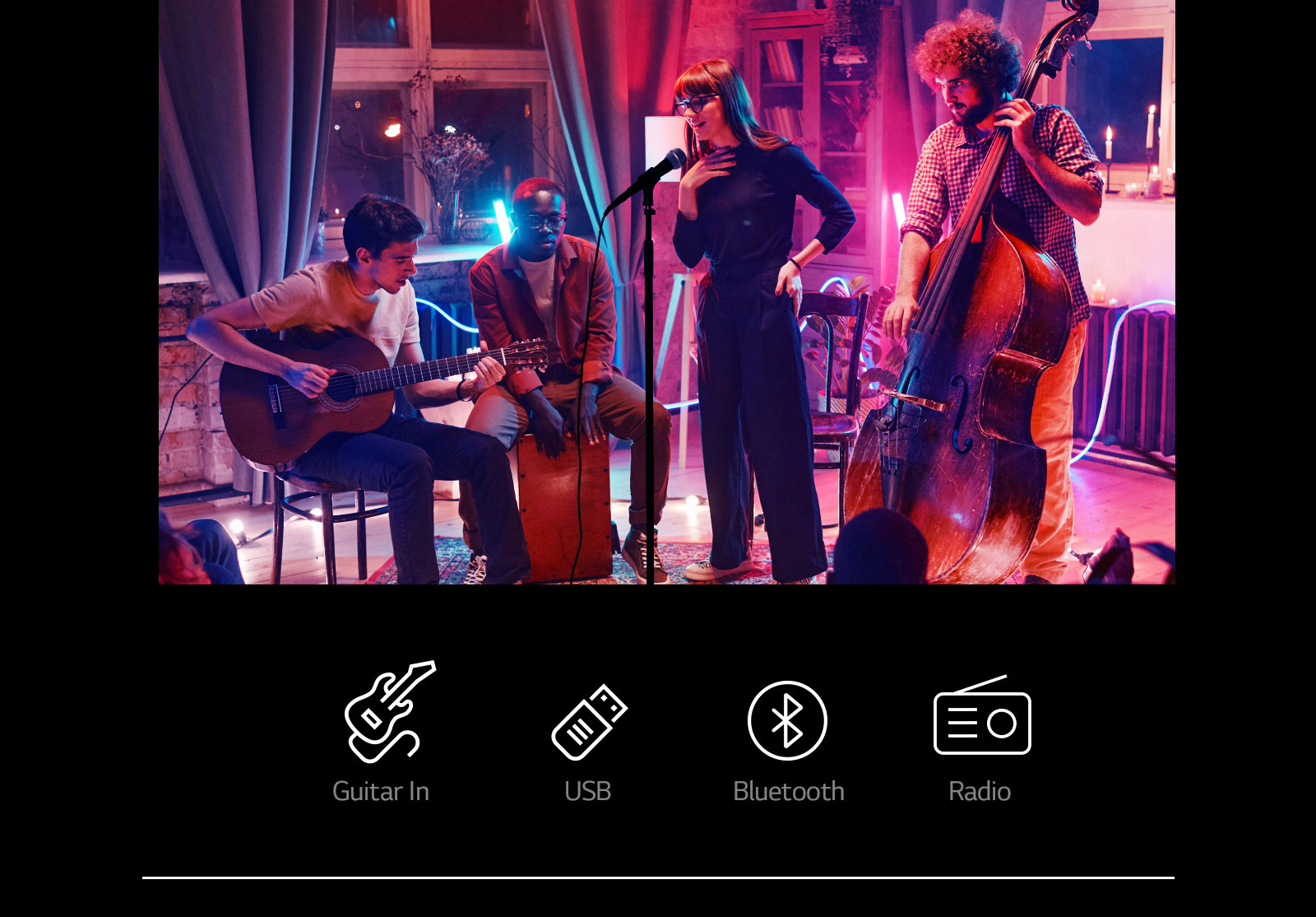 Scena koncerta. Ikonice Ulaz za gitaru, USB, Bluetooth i Radio prikazane su ispod slike.