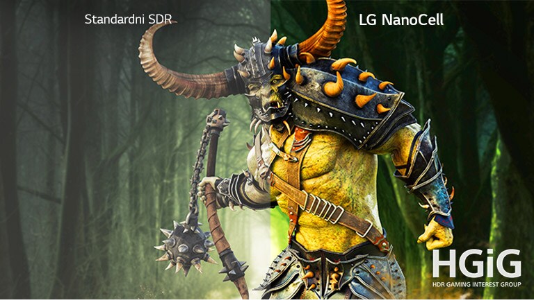 Scena u igri sa čudovištem koja se prikazuje na standardnom televizoru i druga polovina na LG NanoCell TV sa HDR