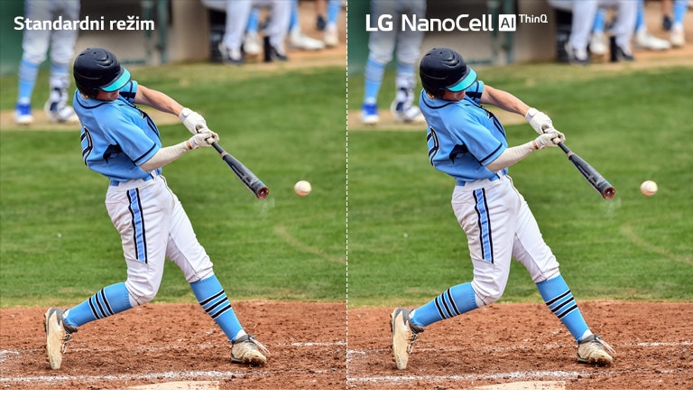 Scena iz fudbalske igre, polovina na standardnom LCD/LED TV-u sa zamućenim kvalitetom slike, druga polovina na LG NanoCell TV-u sa jasnim kvalitetom slike
