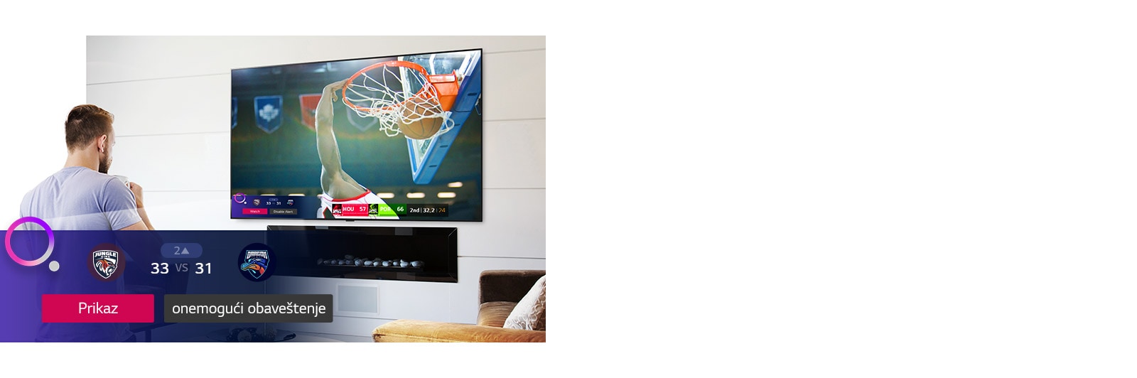 Schermo TV con una scena di una partita di basket con un avvertimento per iniziare il gioco