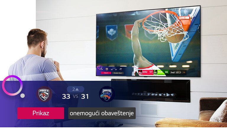 TV ekran sa scenom iz košarkaške utakmice sa upozorenjem za početak utakmice