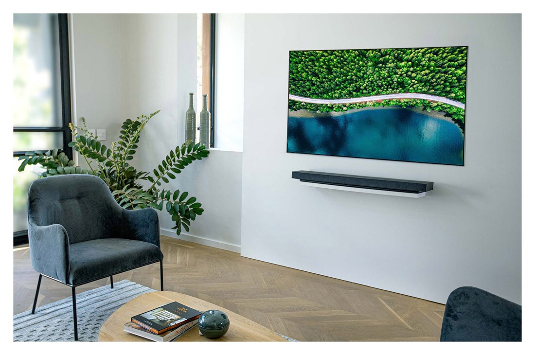 LG 65'' (165 cm) 4K HDR Smart OLED TV, Living room with gray chair and a TV showing an aerial view of nature, OLED65WX9LA, thumbnail 12
