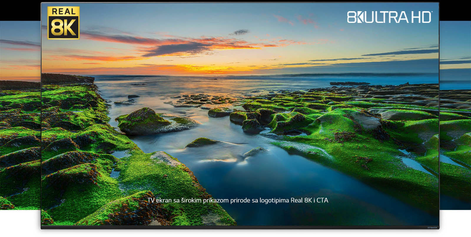 TV ekran sa širokim prikazom prirode sa logotipima Real 8K i CTA