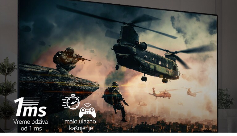 TV ekran koji prikazuje borbenu igru sa naoružanim vojnicima i helikopterima koji lete na nebu.