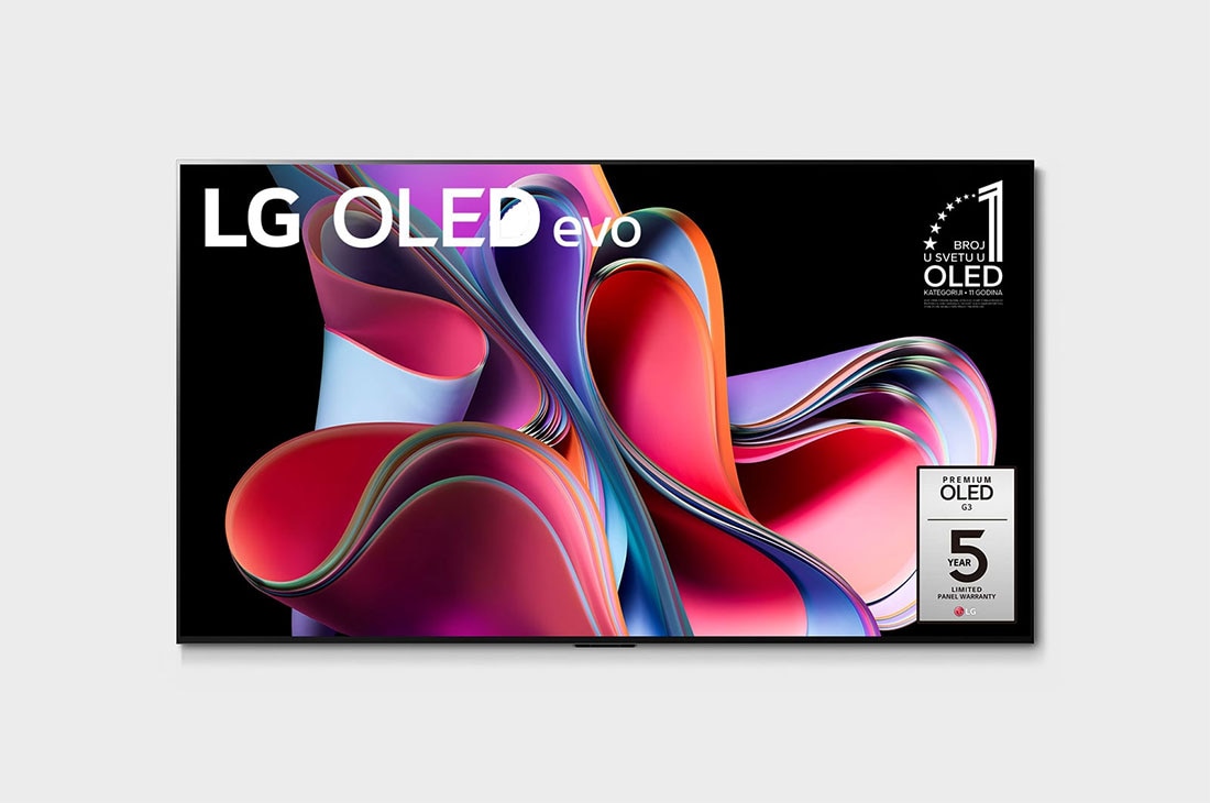 LG OLED evo G3 77 inča 4K Smart TV 2023, Prikaz spreda uz LG OLED evo, oznaka 11 godina OLED br. 1 na svetu i logotip 5-Year Panel Warranty na ekranu, OLED77G33LA