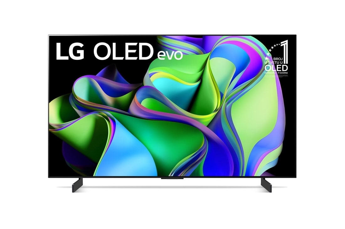 LG OLED evo C3 42 inča 4K Smart TV 2023, Prikaz spreda LG OLED evo i oznaka 11 godina OLED br. 1. na svetu na ekranu., OLED42C31LA