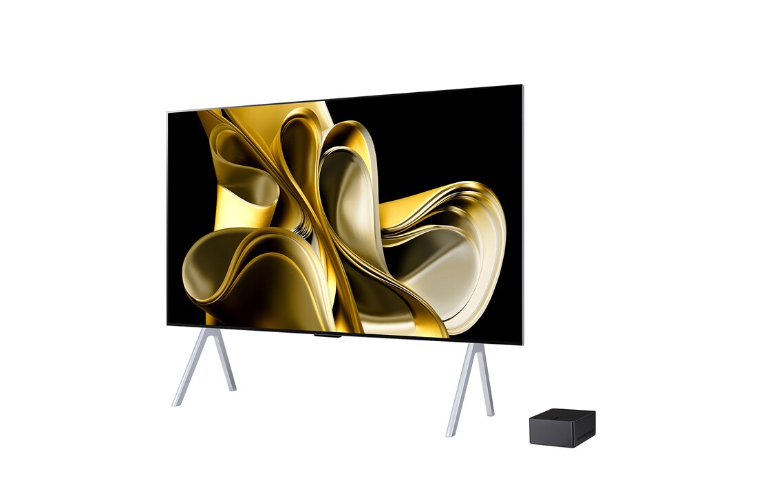 LG Prvi istinski bežični TV na svetu 97-inčni LG SIGNATURE OLED M3 sa prenosom slike i zvuka u 4K 120Hz , Blago iskošen bočni pogled na u levo okrenut model LG OLED M3 na zidu sa uređajem Zero Connect Box ispod njega, OLED97M39LA, thumbnail 2