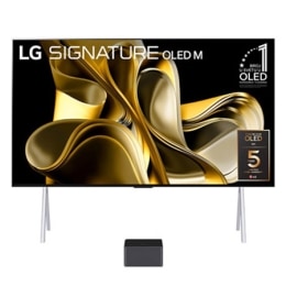Pogled spreda na model LG OLED M3 i uređaj Zero Connect Box ispod njega, amblem „10 Years World No.1 OLED TV” (10 godina najbolji OLED TV na svetu), LG OLED evo, dok se na ekranu vidi logotip „5-Year 2