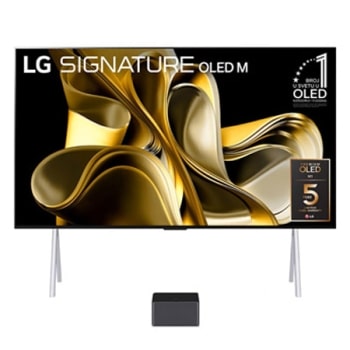 Pogled spreda na model LG OLED M3 i uređaj Zero Connect Box ispod njega, amblem „10 Years World No.1 OLED TV” (10 godina najbolji OLED TV na svetu), LG OLED evo, dok se na ekranu vidi logotip „5-Year 1