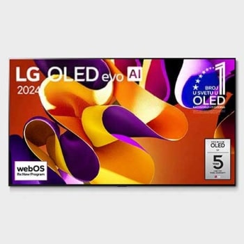 Pogled spreda sa LG OLED evo TV, OLED G4, 11 godina br. 1 u svetu OLED oznakom i logotipom 5 godina garancije na panel u uglu ekrana1
