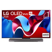 LG 65-inčni LG OLED evo AI C4 4K Smart TV 2024, Prikaz spreda uređaja LG OLED evo AI TV, OLED C4, 11 godina na 1. mestu u svetu, logo OLED amblema i programa webOS Re:New Program na ekranu, kao i Soundbar ispod, OLED65C41LA, thumbnail 14