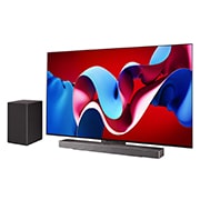 LG 65-inčni LG OLED evo AI C4 4K Smart TV 2024, Blago zakošen prikaz sa desne strane uređaja LG OLED evo TV, OLED C4 sa LG Soundbar zvučnikom ispod i niskotoncem sa strane, OLED65C41LA, thumbnail 11