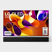 LG 65-inčni LG OLED evo AI G4 4K Smart TV 2024, Prikaz spreda uređaja LG OLED evo AI TV, OLED G4, amblem za 11 godina na 1. mestu u svetu za OLED ekrane, logo programa webOS Re:New Program i logo za 5 godina garancije na panel na ekranu, kao i Soun, OLED65G42LW, thumbnail 7