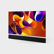LG 65-inčni LG OLED evo AI G4 4K Smart TV 2024, Bočni pogled na blago ulevo okrenut LG OLED evo TV, OLED G4 na zidu sa Soundbar zvučnikom ispod, OLED65G42LW, thumbnail 8