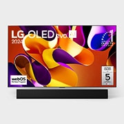 LG 77-inčni LG OLED evo AI G4 4K Smart TV 2024, Prikaz spreda uređaja LG OLED evo AI TV, OLED G4, amblem za 11 godina na 1. mestu u svetu za OLED ekrane, logo programa webOS Re:New Program i logo za 5 godina garancije na panel na ekranu, kao i Soun, OLED77G42LW, thumbnail 7