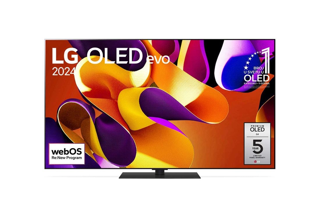 LG 65-inčni LG OLED evo G4 4K Smart TV 2024, Pogled spreda sa LG OLED evo TV, OLED G4, 11 godina br. 1 u svetu OLED oznakom i logotipom 5 godina garancije na panel u uglu ekrana, OLED65G43LS