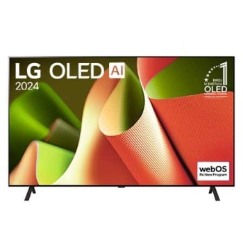 Prikaz spreda uređaja LG OLED TV, OLED B4, 111 godina br. 1 u svetu, OLED amblem na ekranu sa 2-krakim postoljem1