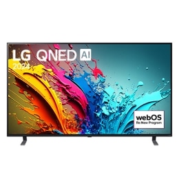 Prikaz spreda uređaja LG QNED TV, QNED85 sa tekstom LG QNED, 2024 i logom webOS Re:New Program na ekranu