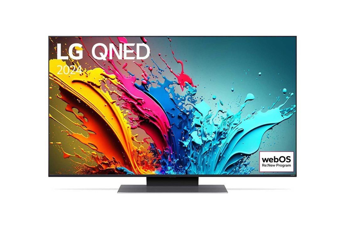 LG 50 inčni LG QNED86 4K Smart TV 2024, Prikaz spreda uređaja LG QNED TV, QNED86 sa tekstom LG QNED, 2024 i logom webOS Re:New Program na ekranu, 50QNED86T3A