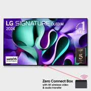 LG Istinski bežični TV 97-inčni LG SIGNATURE OLED M4 sa prenosom slike i zvuka u 4K 120Hz , Pogled spreda na LG OLED TV, OLED M4 SIGNATURE, OLED amblem 11 godina na 1. mestu u svetu, logotip programa webOS Re:New, logotip 5-godišnje na panel na ekranu i Zero Connect Box sa 4K bežičnim prenos, OLED97M49LA, thumbnail 1