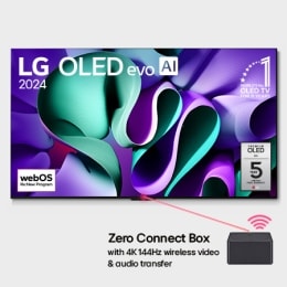Prikaz spreda uređaja LG OLED M4 na postolju i Zero Connect Box ispod, amblem  11 godina  broj 1 u svetu za OLED Televizore, logotip programa webOS Re:New Program i logotip za 5 godina garancije na pa2