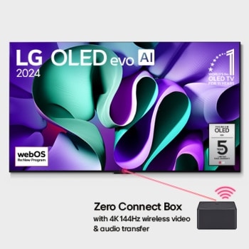 Prikaz spreda uređaja LG OLED M4 na postolju i Zero Connect Box ispod, amblem  11 godina  broj 1 u svetu za OLED Televizore, logotip programa webOS Re:New Program i logotip za 5 godina garancije na pa1