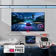 LG Prvi istinski bežični TV na svetu 77-inčni LG OLED evo AI M4 sa prenosom slike i zvuka u 4K 144Hz , Zero Connect Box ispred televizora LG SIGNATURE OLED M4 i crveni Wi-Fi signal i crveni snop svetlosti koji se emituju prema televizoru. Na televizoru je prikazana balerina koja pleše sama na pozornici, OLED77M49LA, thumbnail 12