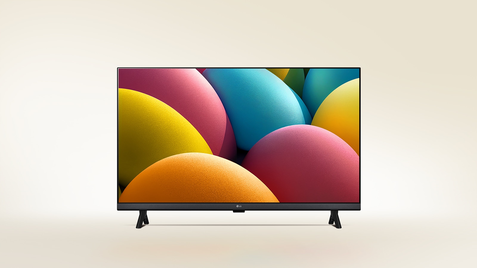Zaobljena grafika narandžaste, žute, roze i plave boje na uređaju LG HD TV.