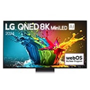 LG QNED MiniLED QNED99 8K Smart TV od 86 inča 2024, Prikaz spreda uređaja LG QNED TV, QNED99 sa tekstom LG QNED 8K MiniLED, 2024 i logoom webOS Re:New Program na ekranu, 86QNED99T9B, thumbnail 1