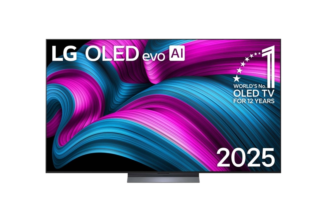 LG 77 -inčni LG OLED evo AI C5 4K pametni televizor 2025, Prikaz sa prednje strane LG OLED evo AI C5E 4K pametnog televizora. 12 godina na 1. mestu u svetu, OLED amblem i logotip LG OLED evo AI 2025 su na ekranu., OLED77C5ELB