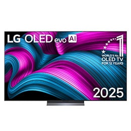Prikaz sa prednje strane LG OLED evo AI C5 4K pametnog televizora. 12 godina na 1. mestu u svetu, OLED amblem i logotip LG OLED evo AI 2025 su na ekranu.2