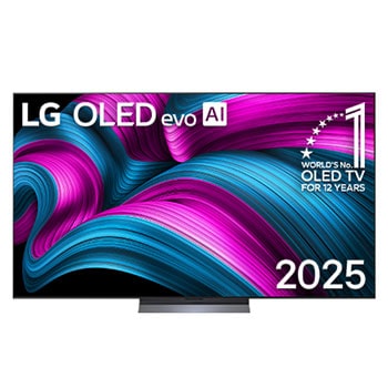 Prikaz sa prednje strane LG OLED evo AI C5 4K pametnog televizora. 12 godina na 1. mestu u svetu, OLED amblem i logotip LG OLED evo AI 2025 su na ekranu.1