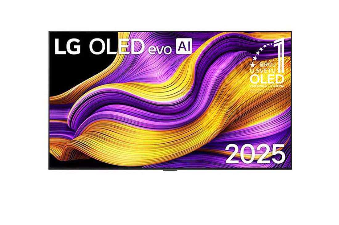 LG 83 -inčni LG OLED evo AI G5 4K Smart TV 2025, Prikaz sa prednje strane LG OLED evo AI G5 4K pametnog televizora. 12 godina na 1. mestu u svetu, OLED amblem i logotip LG OLED evo AI 2025 su na ekranu., OLED83G51LW
