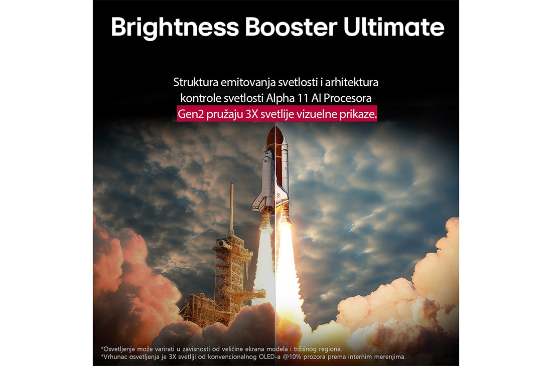 LG 83 inčni LG OLED evo AI G5 4K Smart TV 2025, Spejs šatl se lansira sa zemlje. Scena je podeljena po sredini, pri čemu je jedna polovina nešto tamnija i bez živosti. Druga polovina prikazuje kako je eksplozija rakete izuzetno svetla, pokazujući k, OLED83G51LW, thumbnail 6