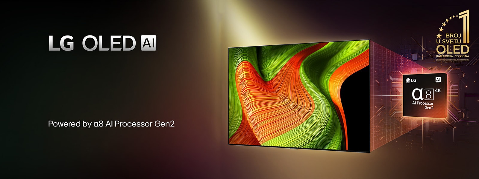 Na ekranu LG OLED evo AI televizora je apstraktna slika sa impresivnim detaljima, bojom i kontrastom. Iza televizora je uvećana verzija alpha 8 AI procesora 2. generacije. Svetli i osvetljava kola mikročipova oko sebe. Naslov glasi LG OLED evo AI. Vidljiv je i tekst „Pokreće LG alpha 8 AI procesor 2. generacije”. Zlatni logotip sa zvezdama nalazi se u uglu i glasi „OLED TV je broj jedan na svetu već 12 godina”. 