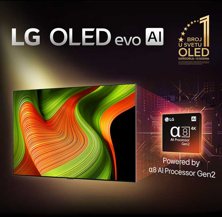 Na ekranu LG OLED evo AI televizora je apstraktna slika sa impresivnim detaljima, bojom i kontrastom. Iza televizora je uvećana verzija alpha 8 AI procesora 2. generacije. Svetli i osvetljava kola mikročipova oko sebe. Naslov glasi LG OLED evo AI. Vidljiv je i tekst „Pokreće LG alpha 8 AI procesor 2. generacije”. Zlatni logotip sa zvezdama nalazi se u uglu i glasi „OLED TV je broj jedan na svetu već 12 godina”. 