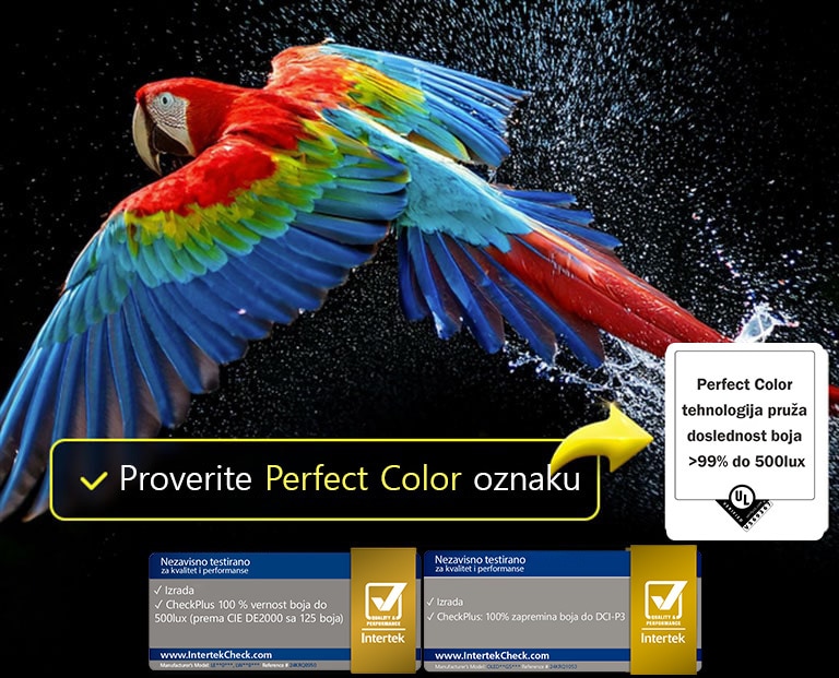 Zadivljujući i živopisni vatromet je na ekranu televizora. Vidi se sertifikat logotipa, a Perfect Color Technology pruža nivoe konzistencije boje veće od 99% do 500 luksa. Intertek sertifikati koji pokazuju nezavisno testiranje takođe su pored.